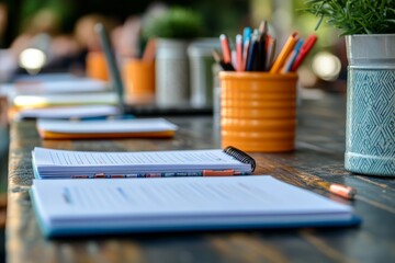 Poster - Group of notebooks and stationery arranged neatly on a wooden table in an outdoor workspace during a sunny day