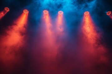 Poster - Colorful stage lights illuminate a foggy performance space during a concert at night in a lively urban setting