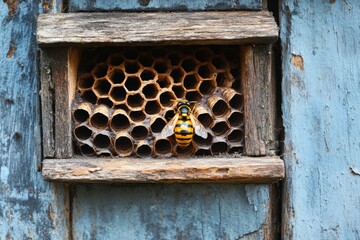 Poster - Focus on a bee collecting nectar at the entrance of a honeycomb in a rustic wooden beehive during late summer