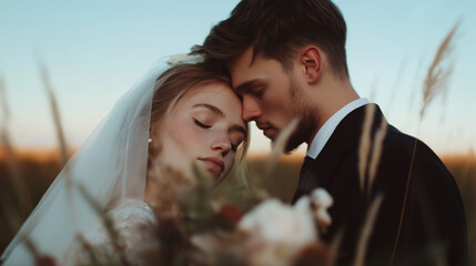 fantastic mood of male and female wedding, outdoor nature shot with one man in wedding suit and one 