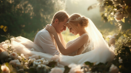 fantastic mood of male and female wedding, outdoor nature shot with one man in wedding suit and one 