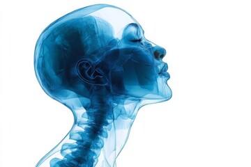 Poster - Scientific illustration of a transparent human head showcasing internal anatomy and structures in blue tones