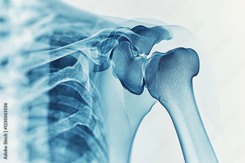 Detailed view of a shoulder joint with surrounding bones and tissues in ...