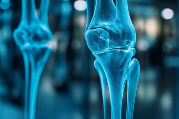 Poster - Detailed view of a human knee joint showing ligaments and bone structure in a medical examination setting