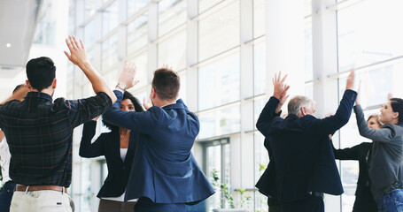 Poster - Business people, group high five and success for conference, training and celebration with workshop feedback. Presentation, announcement and meeting for growth, support and investment seminar goals