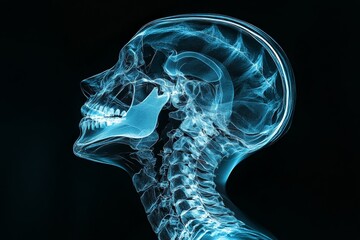 Aufkleber - Detailed view of human skull and spine in X-ray showcasing anatomical features and structures