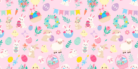 Wall Mural - a colorful easter pattern with many different animals and eggs. the pattern is pink and has a playfu