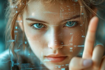 Aufkleber - Girl interacting with digital interface in a futuristic environment during the day