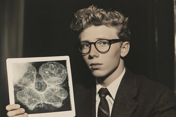 Poster - Young scientist presents research finding with a scientific image in a laboratory setting during the mid-20th century
