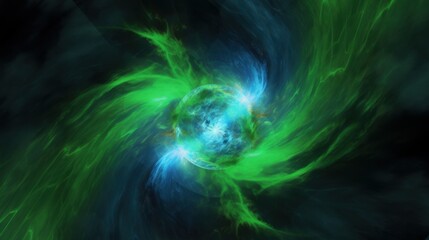 vivid abstract swirling green and blue energy wave with central orb