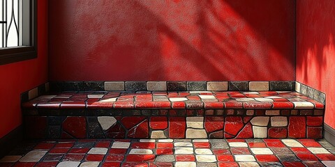 Poster - Brightly colored tiled nook with red walls and sunlit patterns inviting relaxation and creativity