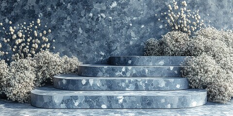 Poster - Elegant blue marble stairs surrounded by soft white flowers create a serene atmosphere in a modern space