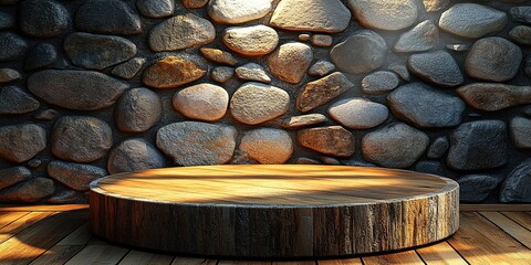 Poster - Circular wooden platform against a textured stone wall with soft lighting in a rustic setting