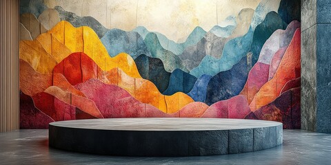 Poster - Colorful abstract mural with a textured backdrop and circular stage in a modern interior setting