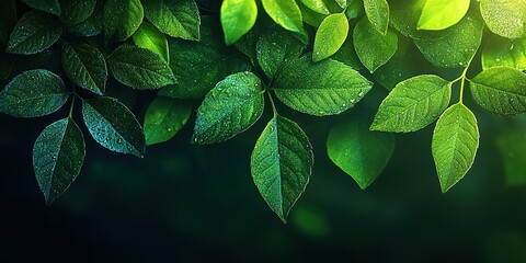 Poster - Dewy green leaves glistening in morning light under a vibrant canopy in a serene forest setting