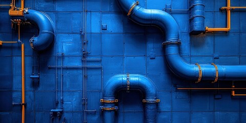 Poster - Industrial pipes against a vibrant blue wall create an eye-catching urban aesthetic in a modern setting