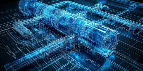 Poster - Blueprint of a high-tech pipeline system showcasing detailed transparent components and advanced design