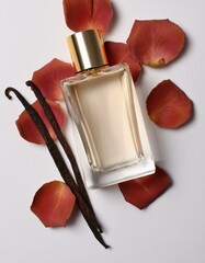 Wall Mural - Elegant perfume bottle with rose petals and vanilla beans.