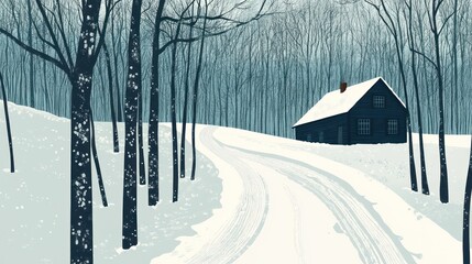 Poster - Winter Cabin Nestled In Snowy Forest Woods