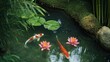 © Biancaart - Koi fish swim in a serene pond with lotuses and lush greenery