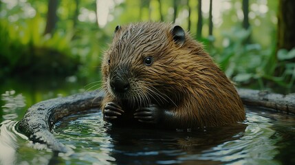 Poster -   A close-up shot of a rodent diving into a body of water surrounded by tall trees and lush vegetation