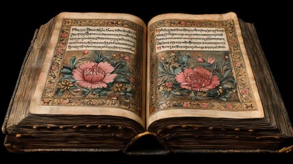 Poster - Antique Book with Floral Illustrations and Calligraphy