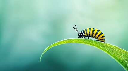 Poster -   A yellow and black caterpillar sits on a green leaf against a bright blue and green background