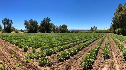 Poster - Lush Green Crop Rows Under a Clear Blue Sky