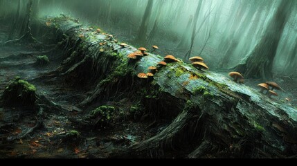 Aufkleber - Rain drenched forest log with mushrooms growing