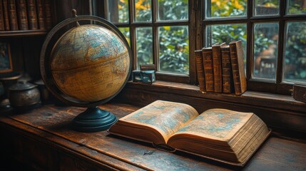 Poster - Antique Globe Book and Old Books Resting on Wooden Windowsill