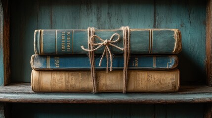 Poster - Antique books stacked on a wooden shelf