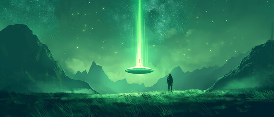 Wall Mural - A bright green beam of light rushes from the UFO c_002