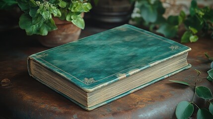 Poster - Antique Teal Book Rests Among Lush Greenery
