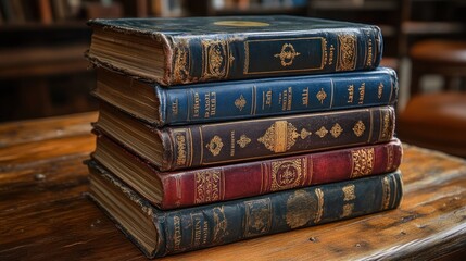 Poster - Antique books stacked on wooden table display ornate detail
