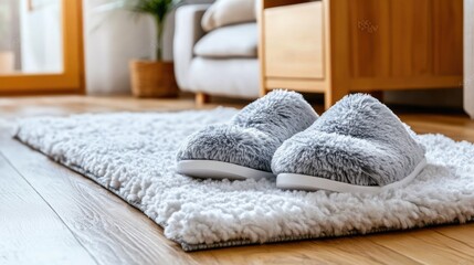 Canvas Print - Soft sheepskin slippers create a warm and inviting atmosphere on a white carpet, ideal for relaxation and comfort in a stylish home