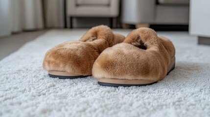 Canvas Print - Soft sheepskin slippers create a warm and inviting atmosphere on a white carpet, ideal for relaxation and comfort in a stylish home