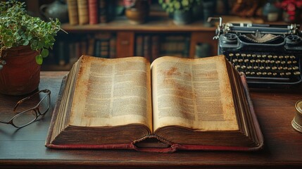 Poster - Antique Book Open on Wooden Desk Beside Typewriter