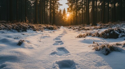 Poster - Snow covered path in a winter forest at sunset