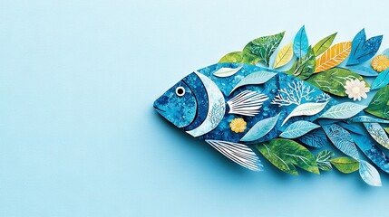 Wall Mural -   An image of a fish with leaves and flowers on its head, cut from paper and set against a blue backdrop