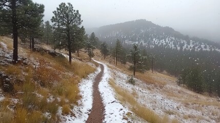 Poster - Snowy Trail Winding Through Mountainous Pine Forest