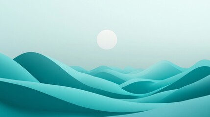 Wall Mural - Minimalist teal waves beneath a soft sun create a tranquil scene