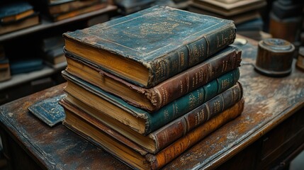 Poster - Antique Books Stacked On Wooden Tabletop