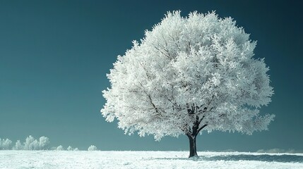 Wall Mural -   A large white tree stands tall amidst a snow-covered field, with a clear blue sky as the picturesque background