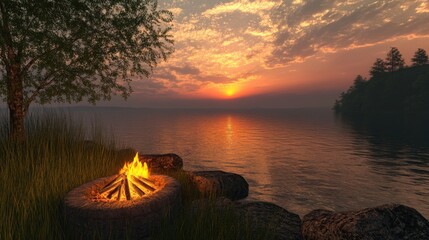 Poster - Tranquil Sunset Lakeside Campfire Scene