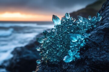 Poster - Ocean sunset backdrop with a stunning teal crystal formation on dark rocks.