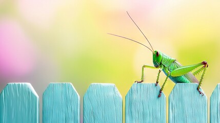 Poster -   A close-up of a grasshopper on a wooden fence, with a fence in the foreground and a green grasshopper atop it