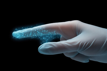 Poster - Gloved hand reaching out with glowing particles in a dark environment