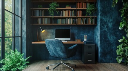 Aufkleber - Modern Home Office Workspace with Bookshelves and Plants