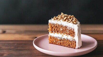 Wall Mural -   A carrot cake with white frosting, walnuts, and on a pink plate, resting on a wooden table