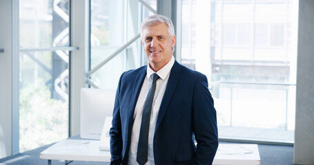 Aufkleber - Corporate, portrait and smile with mature businessman in office for management of professional company. About us, happy and mission with CEO or executive in suit at finance or investment agency